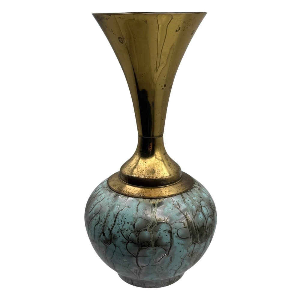 Vintage Delfts Holland Handpainted Brass Ceramic Turquoise Luster Bud Vase MCM